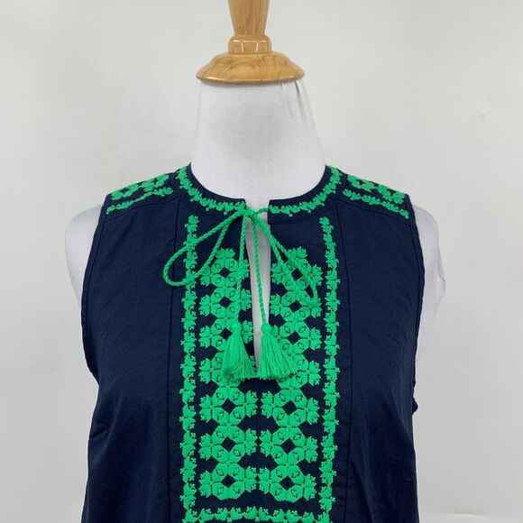 J Crew Tank Womens 0 Navy Green Embroidered Bib Tassel Keyhole Sleeveless Top - Picture 3 of 12